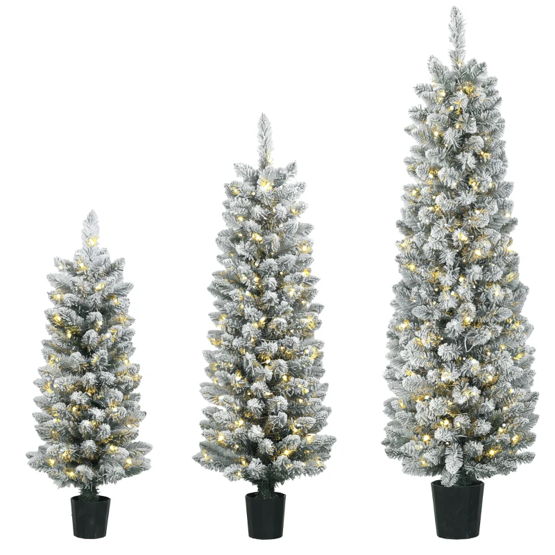 HOMCOM Prelit Snowy Flocked Artificial Christmas Tree Set of 3, Slim Xmas Tree with PVC Tips, 3FT+4FT+5FT