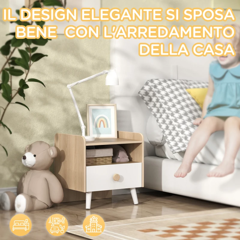 AIYAPLAY Comodino con Cassetto per Bambini 3-10 Anni in Legno e Legno di Pino, 40x32.5x40 cm, Bianco