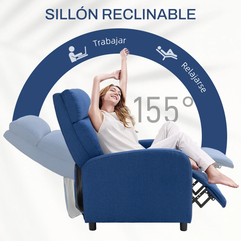 HOMCOM Sillón Reclinable Manual Sofá Individual con Reclinación hasta 155º Carga 150 kg Azul