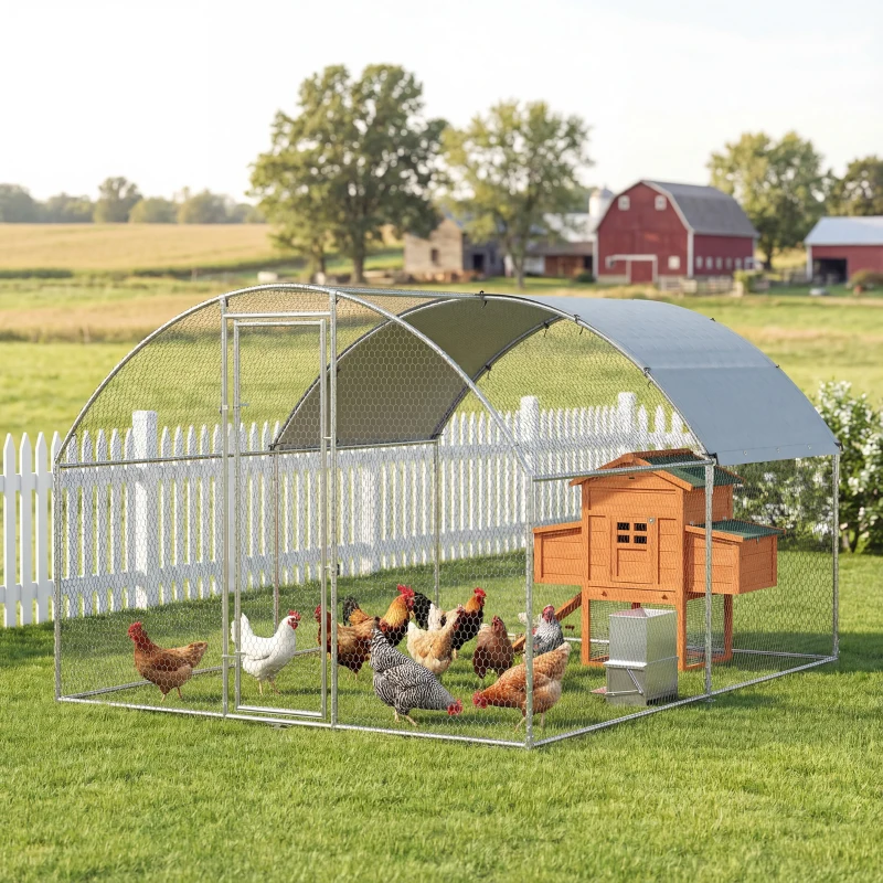 PawHut Gallinero para Exterior 2,8x3,4x1,9 m Cubierta de Tela Oxford Anti-UV Impermeable Pestillos para 10-16 Gallinas Plata