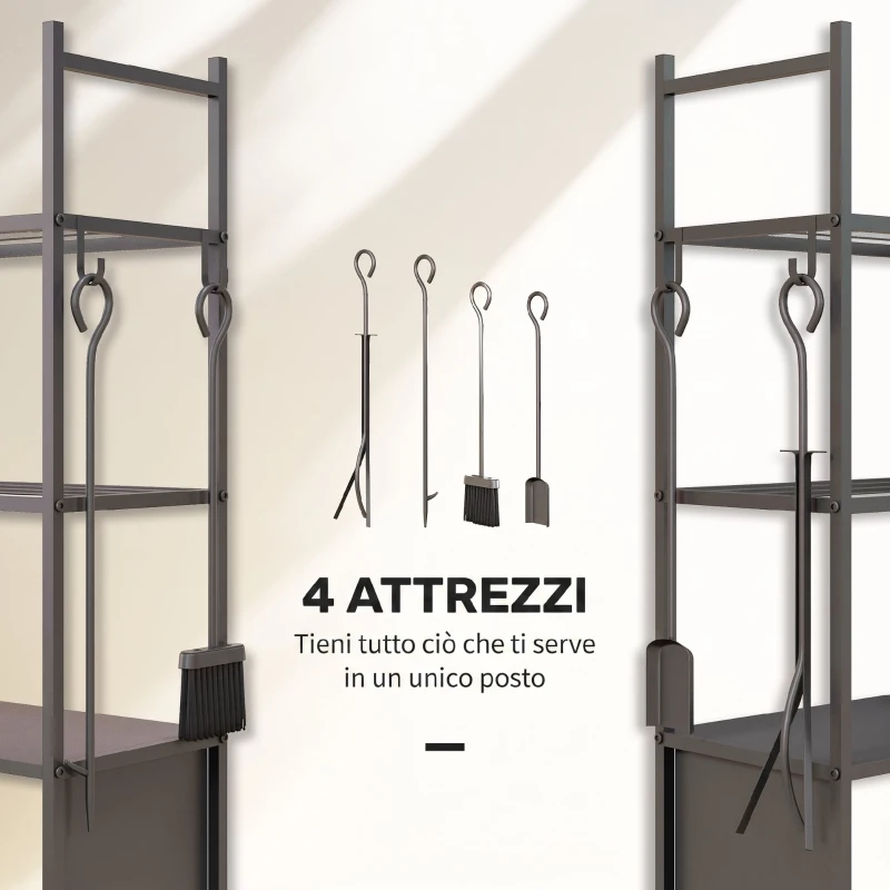Outsunny Porta Legna per Interni ed Esterni con Ruote e 4 Utensili, Pala, Attizzatoio, Spazzola e Pinze, Legnaia in Metallo, 45x30x118 cm, Nero