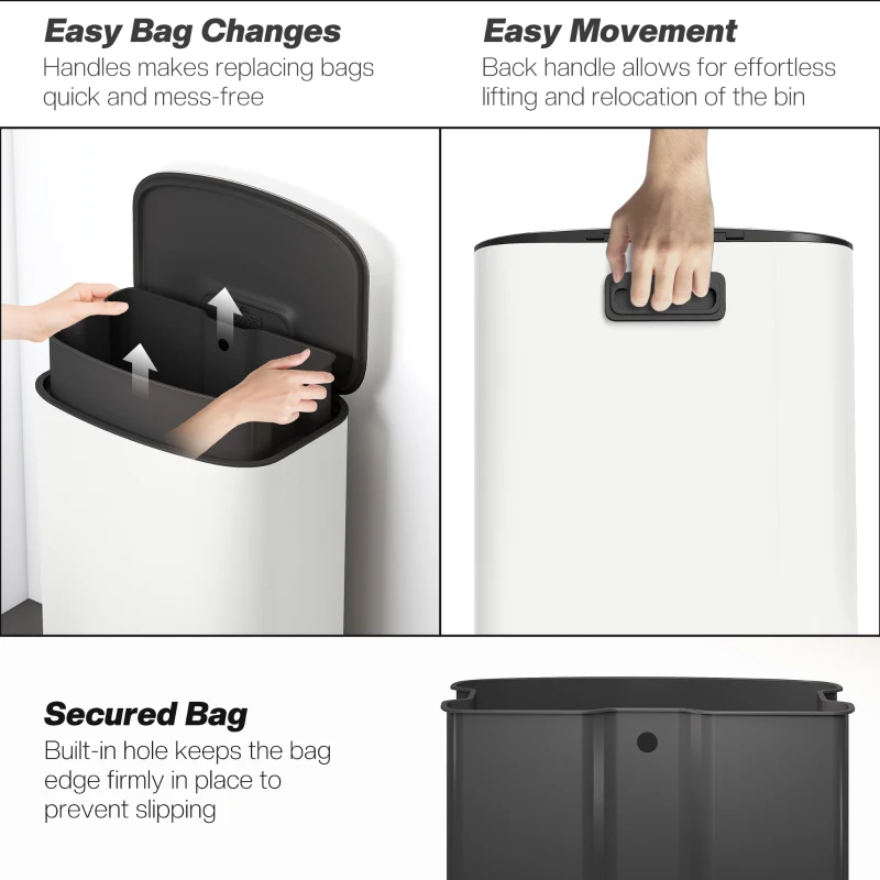 HOMCOM 50L Kitchen Bin with Soft-Close Lid and Stay-Open Function, Stainless Steel Pedal Bin with Removable Inner Bucket, Carry Handle for Kitchen, Office, Home, Cream