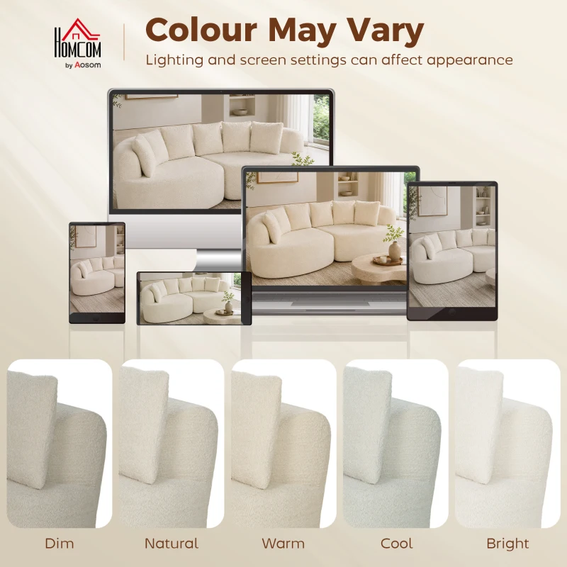 HOMCOM Canapé 3 Places Incurvé en Chenille 188 cm, Canapé Salon avec Assise Profonde, 6 Coussins, Rembourrage Épais, Crème