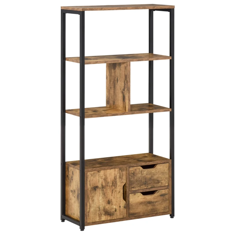 HOMCOM Bibliotecă cu 3 Rafturi, Dulap și 2 Sertare, din PAL și Metal, 58x24x122 cm