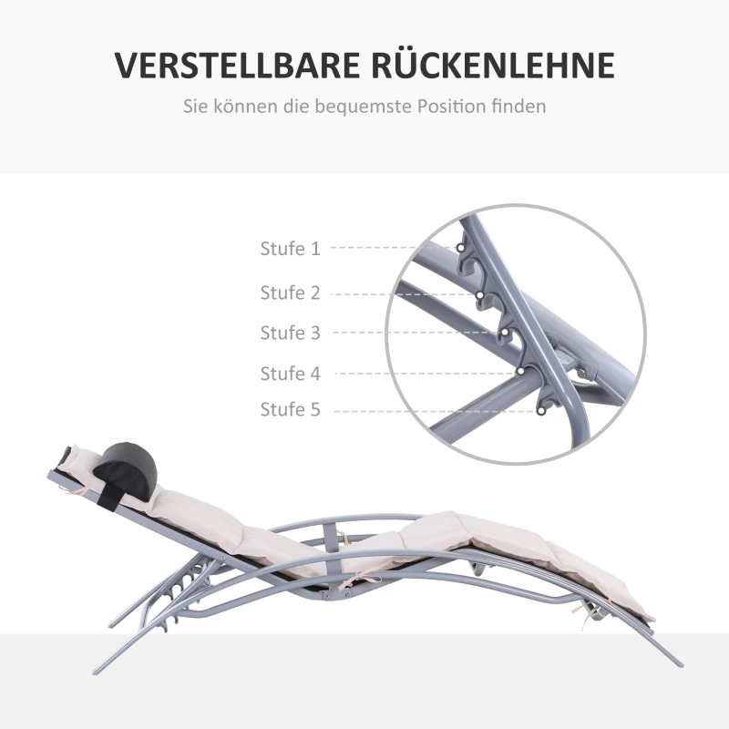 Outsunny Sonnenliege mit Auflage und Nackenkissen, Gartenliege, verstellbare Rückenlehne, Creme + Silber