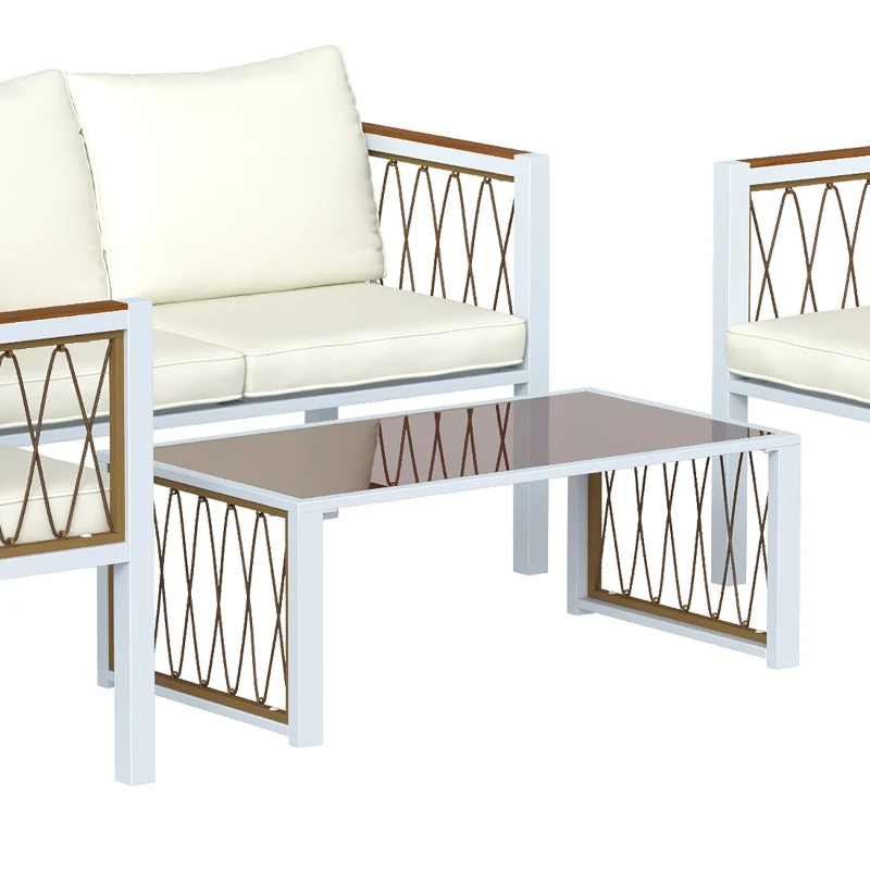Outsunny 4 Piece Rattan Garden Furniture Set with Loveseat, 2 Armchairs, Table, Metal Frame Patio Conversation Set, Cream White
