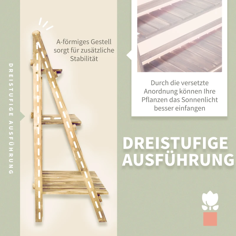 Outsunny 3-Etagen Pflanzenständer, klappbarer 93 cm hoch Blumenständer für Innen Außen, Pflanzenregal aus Holz, Blumentopfständer mit Tabletts, Blumentreppe für Wohnzimmer, Garten Balkon, Dunkelbraun