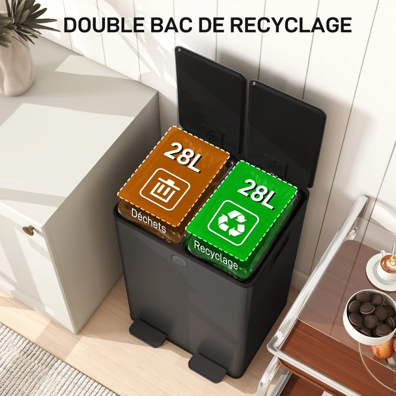 HOMCOM Poubelle de cuisine 2 compartiments de 2 x 28L, acier inoxydable, couvercle à fermeture douce, 45,8x36x67,6cm, noir