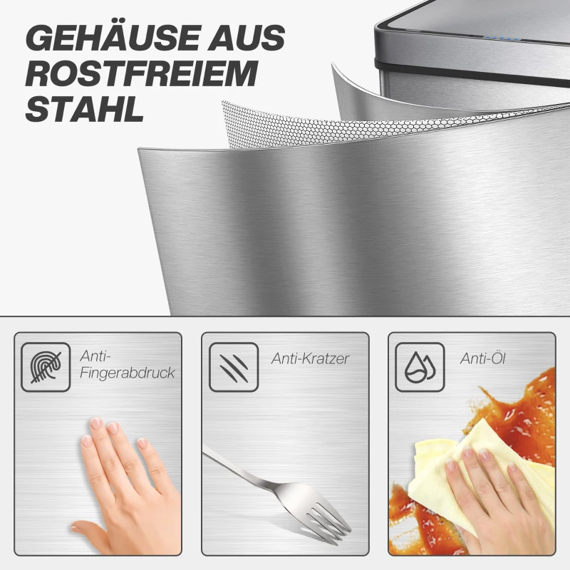 HOMCOM 60 L Sensor-Mülleimer, automatischer Deckel, Edelstahl, vielseitig einsetzbar, Silberfarben