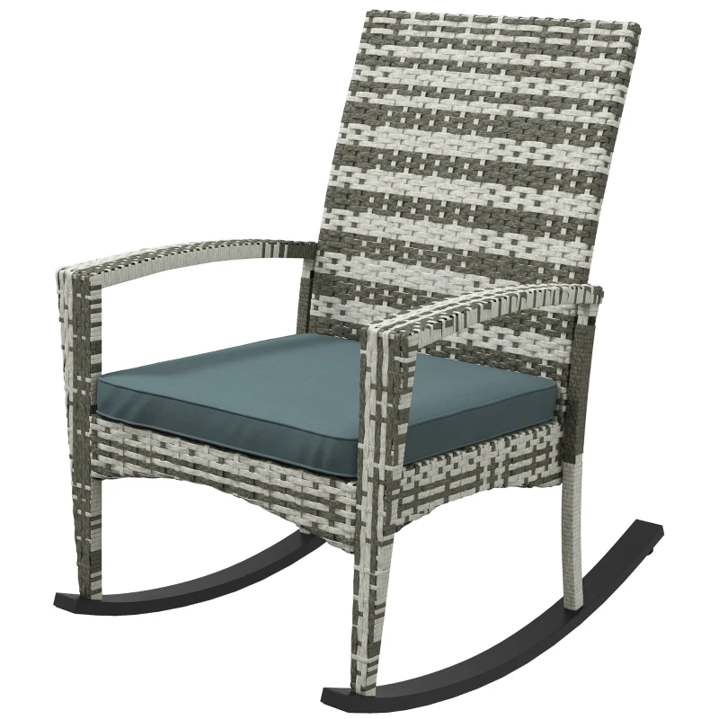 Outsunny PE Rattan Garden Rocking Chair, Outdoor Rocking with Cushion, 160 KG Capacity Wicker Garden Armchair Rocker with Metal Frame for Patio, Porch, Balcony, Light Grey