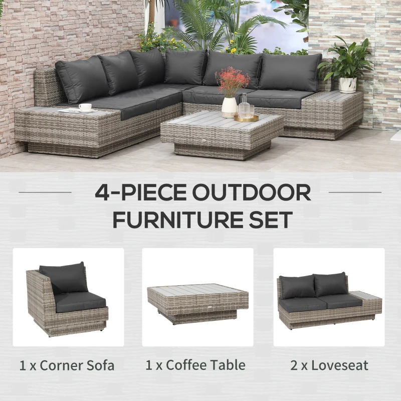 Outsunny 4 PCs Rattan Garden Furniture Outdoor Sectional Corner Sofa and Coffee Table Set - Conservatory Wicker Weave Furniture with Armrest and Cushions, Light Grey