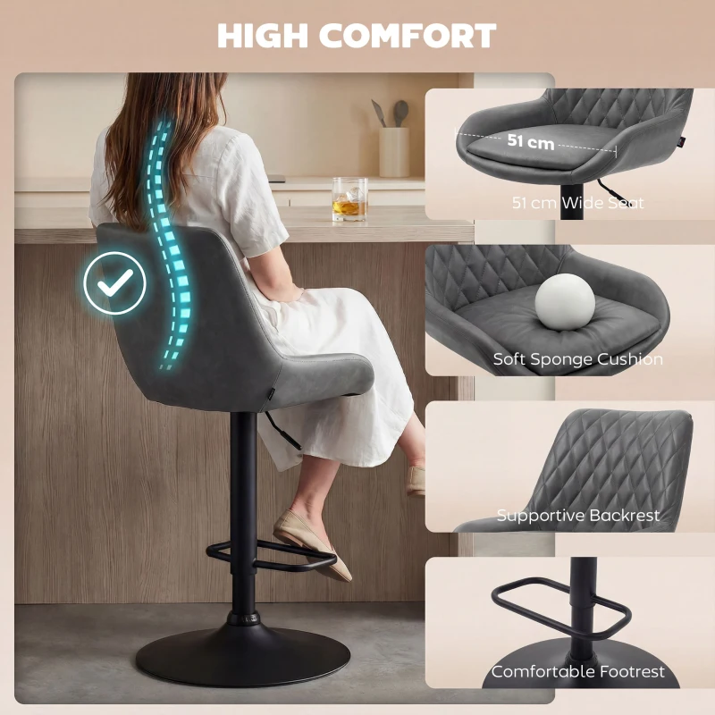 HOMCOM Retro Bar Stools Set of 2, Adjustable Kitchen Stool, Upholstered Bar Chairs with Back, Swivel Seat, Dark Grey