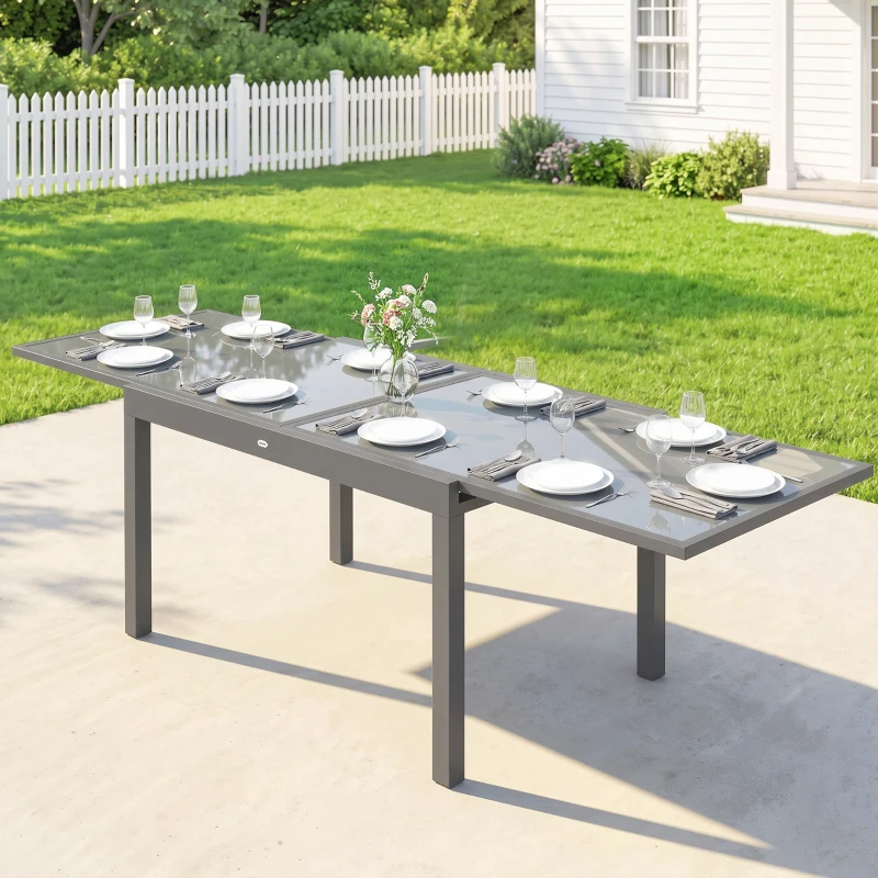 Outsunny Extending Garden Table for 6-10, Aluminium Outdoor Dining Table with Tempered Glass Top, Grey