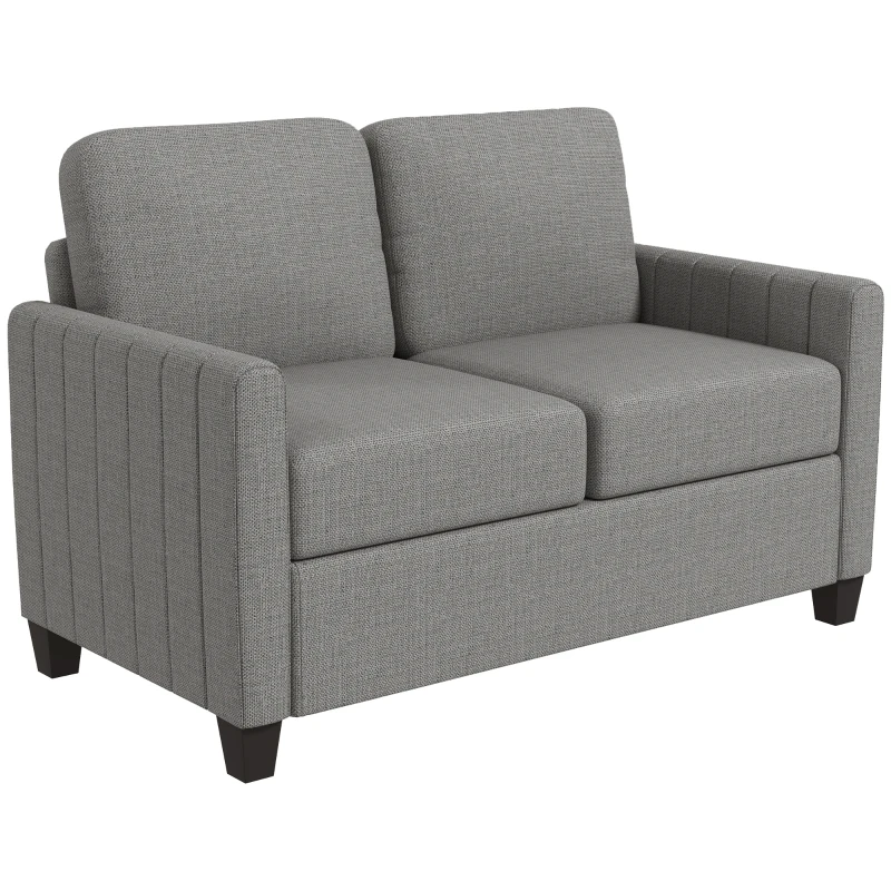 HOMCOM 2 Seater Sofa, Channel Tufted Modern Fabric Couch, Comfy Upholstered Small Sofa Loveseat with Spring Cushion, Back Pillow, for Living Room, Bedroom, Office, Light Grey