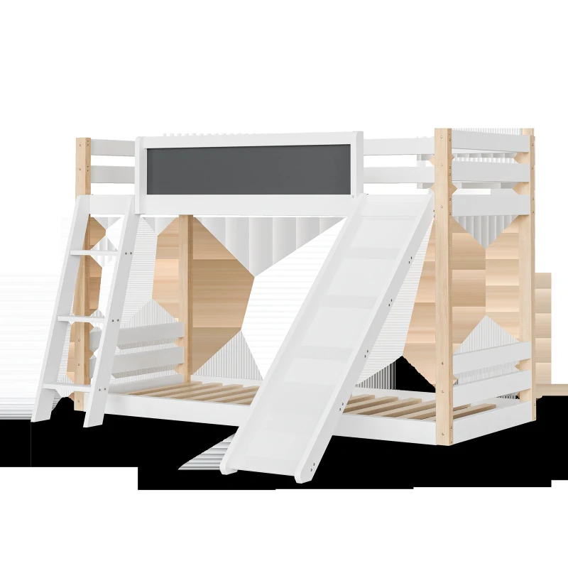Modern High Sleeper Bunk Bed Frame with Slide and Storage Stairs, Solid Wooden Childrens Loft Bed with Safety Guardrails, 194L x 124W x 148H cm, White