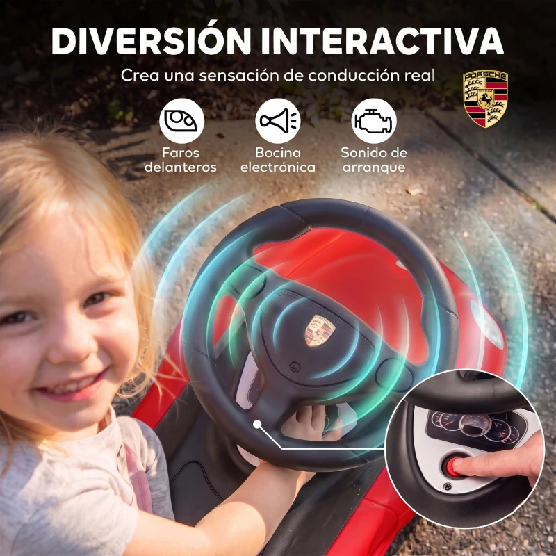 AIYAPLAY Correpasillos para Bebés de 18-36 Meses Licencia de Porsche con 2 Faros Bocina Sonido de Arranque 63x28,5x38 cm Rojo