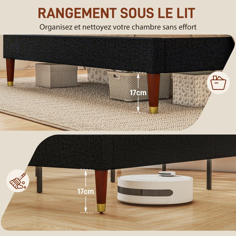 HOMCOM Cadre de lit double 2 personnes avec sommier à lattes et tête de lit capitonnée compatible matelas 140 x 200 cm noir