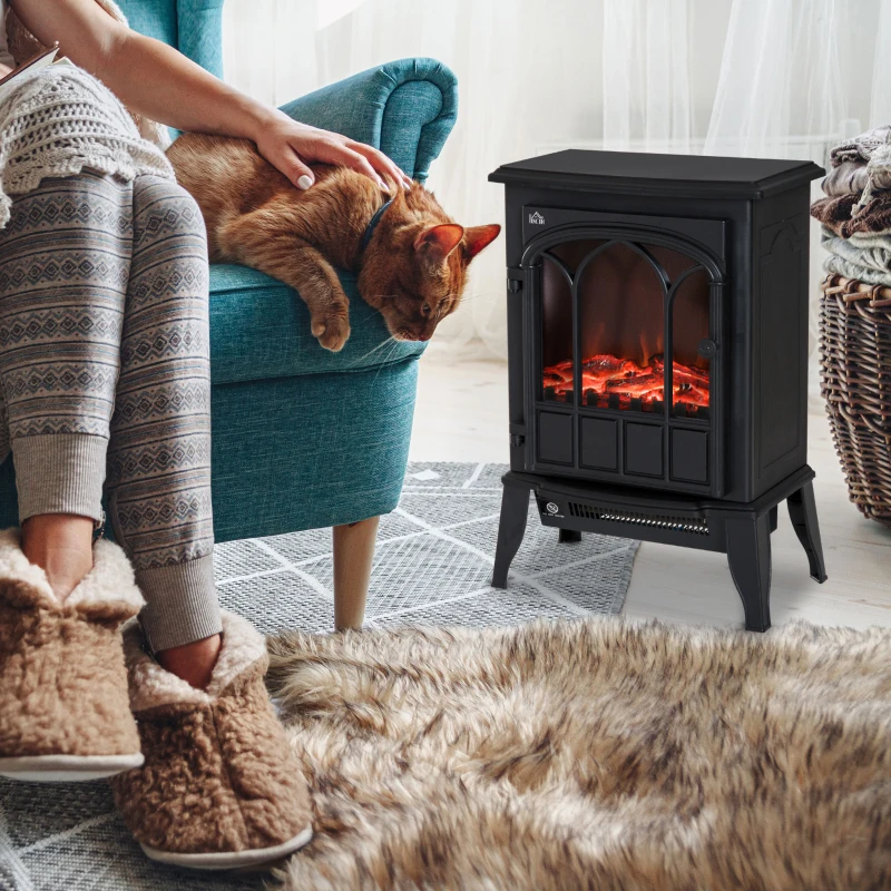 HOMCOM Camino da Terra Elettrico Potenza 1000W / 2000W con Effetto Fiamma Luminosità Regolabile, Caminetto Elettrico con Temperatura Regolabile e Protezione Anti Surriscaldamento, 39x23x56.5cm, Nero