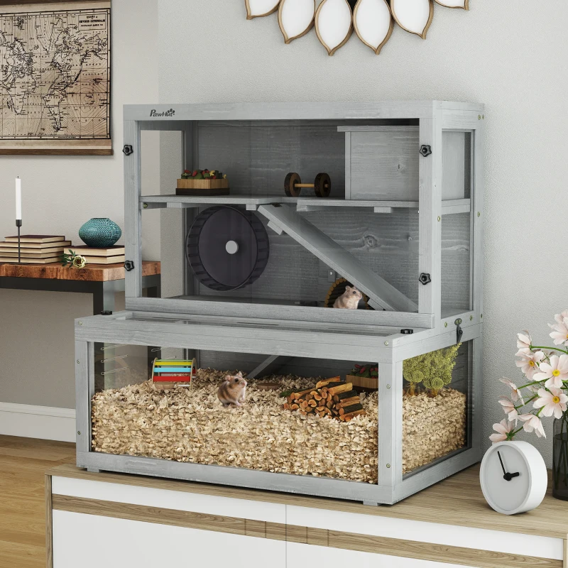 PawHut Cage Hamster en Bois, 3 Niveaux avec Cabane, Roue, Rampes, Panneau Transparent, Espaces Séparés, 80x50x84cm, Gris