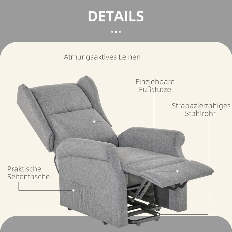 HOMCOM Relaxsessel, Aufstehhilfe, Liegefunktion, bis 200kg, 72,5x94x109cm, Grau
