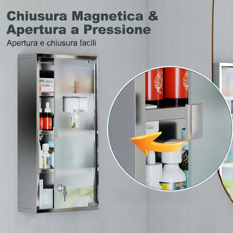 HOMCOM Armadietto Medicinale Cassetta Porta Medicina a Quattro Ripiani in Acciaio Inox 30 x 12 x 60cm