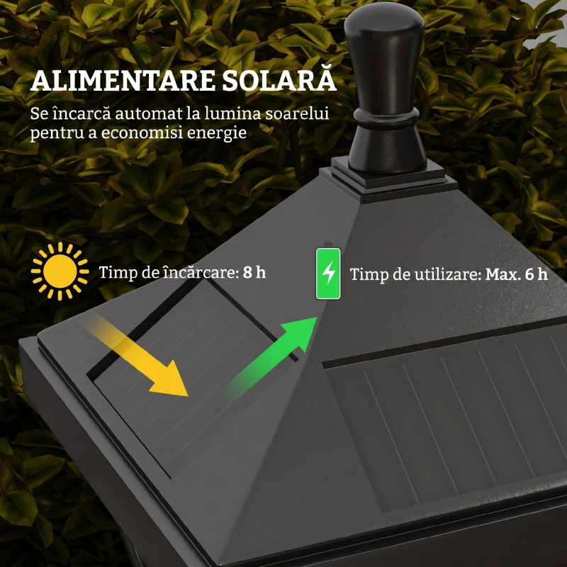 Outsunny Lampă de Grădină cu Autonomie de 6 ore și Sistem de Fixare la Sol, din ABS și Policarbonat, 15x15x127 cm, Negru