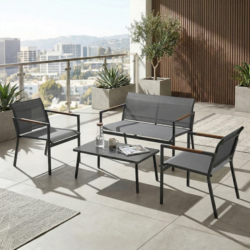 Outsunny 4 Seater Garden Furniture Set with Loveseat, Armchairs, Table, Metal Garden Sofa Set with Breathable Seats, Grey