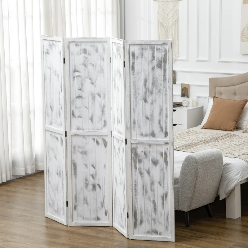 HOMCOM Biombo Divisor Separador de Ambientes de 4 Paneles Plegables de Madera de Paulonia 160,5x170 cm Blanco Rústico