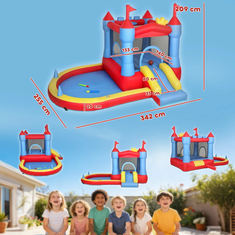 AIYAPLAY Castello Gonfiabile per Bambini con Scivolo, Trampolino, Piscina e Canestro, 342x255x209 cm, Multicolore