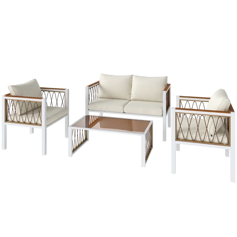 Outsunny 4 Piece Rattan Garden Furniture Set with Loveseat, 2 Armchairs, Table, Metal Frame Patio Conversation Set, Cream White