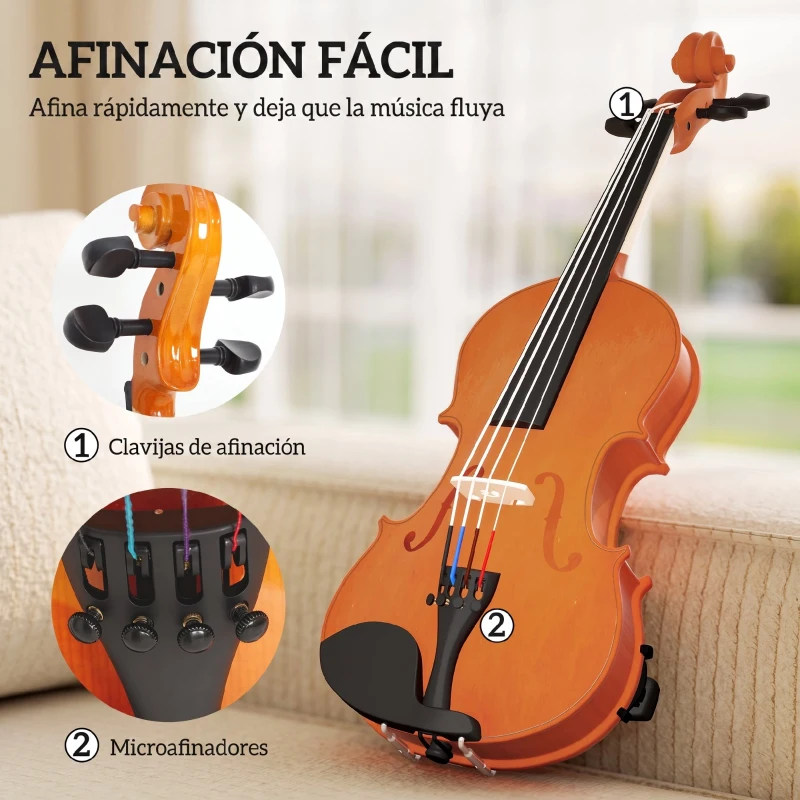 HOMCOM Violín 4/4 de Tamaño Completo de Madera con Estuche Arco Colofonia Afinadores Cuerdas y Soporte para Hombro Marrón