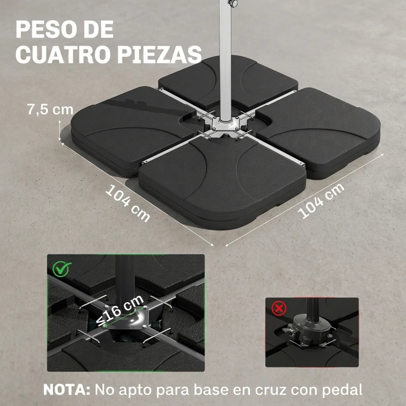 Outsunny Conjunto de 4 Pesos Rellenables para Base de Sombrilla Cruzada con 15 Litros de Agua o 19,5 kg de Arena Negro