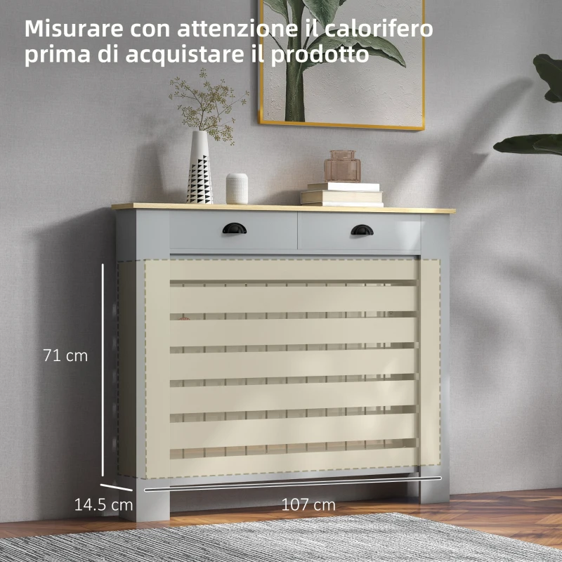 HOMCOM Copritermosifone in MDF a Doghe, Copricalorifero a Griglia con 2 Cassetti, 111x19x95.5 cm, Grigio