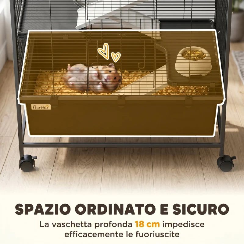 PawHut Gabbia per Conigli in Acciaio a 4 Livelli con Piattaforme, Rampe, Ruote, Serbatoio Acqua e Vassoio Rimovibile, Nero