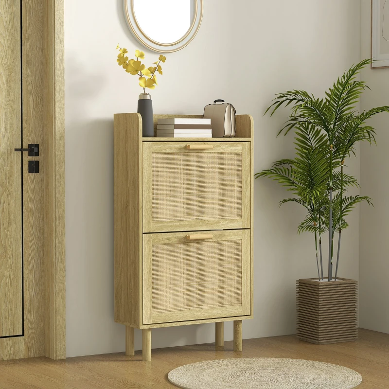 HOMCOM Mueble Zapatero Estilo Bohemio con 2 Cajones Abatibles y 1 Estante Abierto para 12 Pares de Zapatos 80x24,5x110 cm Roble