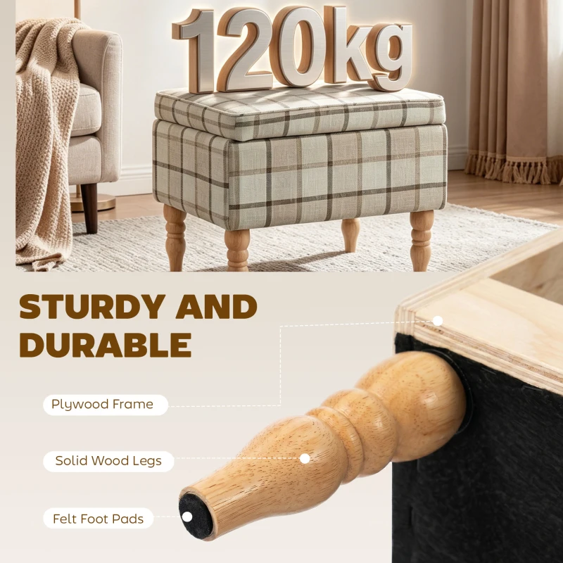 HOMCOM Linen Fabric Upholstered Footstool, Rectangular Storage Stool with Removable Top, Padded Seat and Hidden Space, Brown