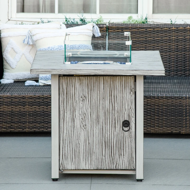 Outsunny 71cm 50,000 BTU Gas Fire Pit Table with Cover and Glass Screen - Grey