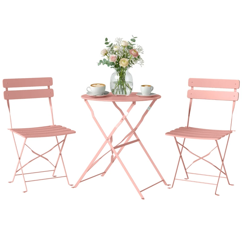 Outsunny Ensemble Bistrot de Jardin 3 Pièces Table et 2 Chaises Pliantes à Lattes Double Protection Antirouille Rose