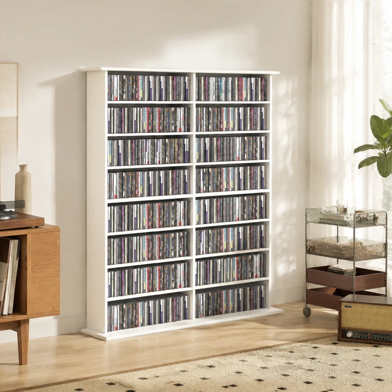 HOMCOM Estantería para medios, 8 niveles, estantería para DVD con 12 baldas ajustables, 16 compartimentos, para 720 CDs, Blanco