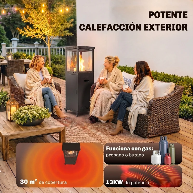 Outsunny Estufa de Gas para Terraza 13 kW con Encendido Piezoeléctrico Antivuelco 4 Ruedas Vidrio Templado Piedras de Lava Negro