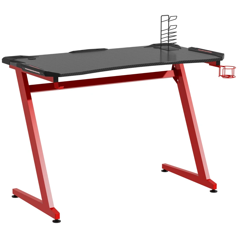 HOMCOM Mesa Gaming Escritorio 122x66x76 cm para Ordenador Tablero de Fibra de Carbono Portavasos Gancho para Auriculares Soporte de Gamepad y 2 Orificios Pasacables Negro y Rojo