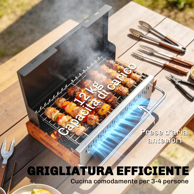 Outsunny Barbecue Portatile a Carbone con Vaschetta Rimovibile, in Acciaio Inox e Metallo, 50.5x34x33 cm, Nero