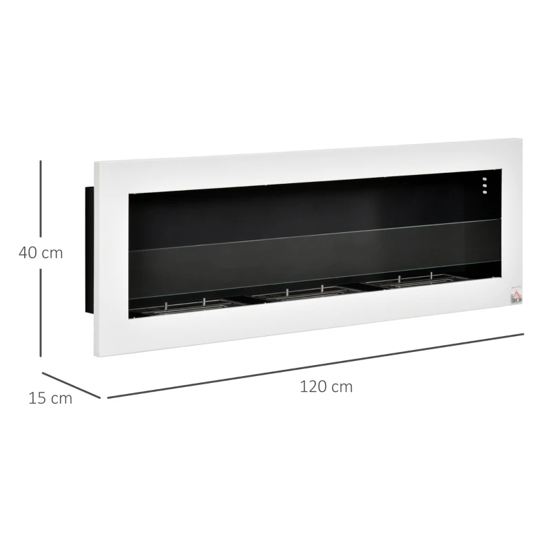 HOMCOM Camino a Bioetanolo da Parete con 3 Serbatoi da 1L e Copertura 20m², in Acciaio e Vetro, 120x15x40 cm, Bianco