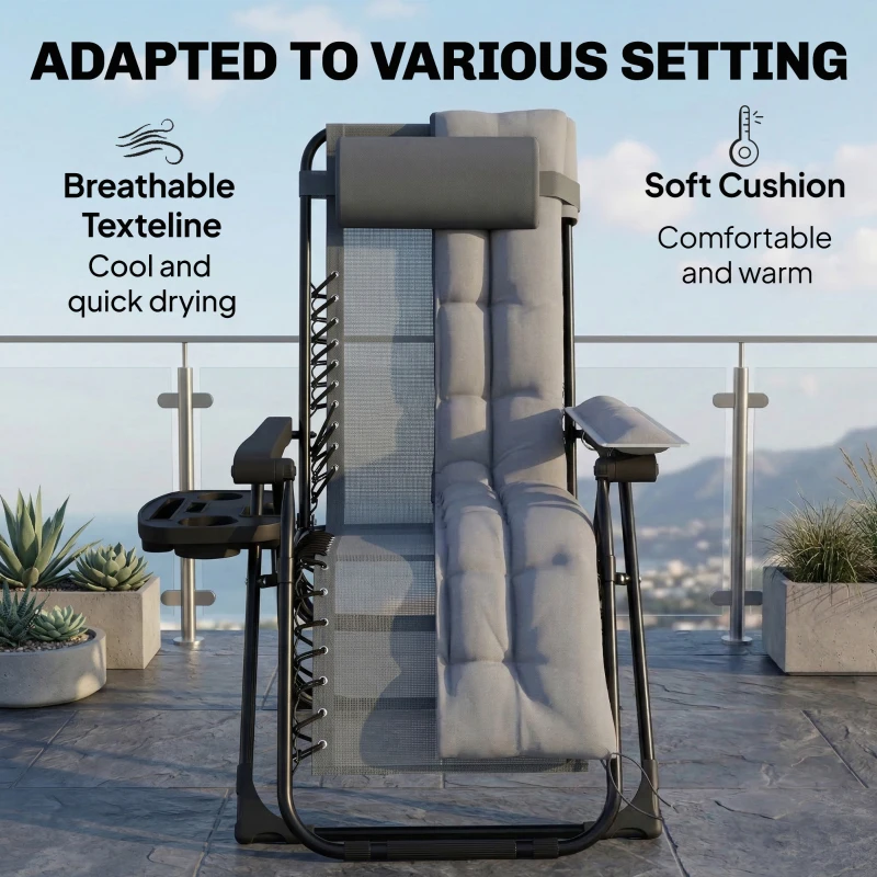 Outsunny Zero Gravity Chair, Folding Sun Lounger Reclining Garden Chair with Arm Pads, Cushion, Cup Holder, Headrest, Light Grey