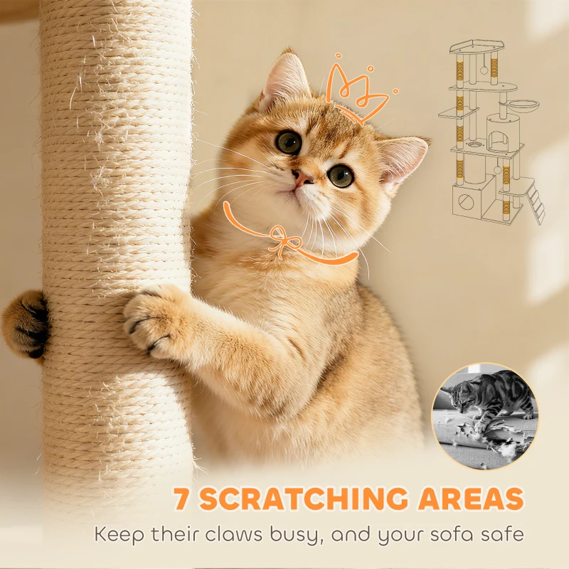 PawHut 170 cm Large Cat Tree, Cat Tower with 7 Scratching Posts, Tunnel, 2 Condos, Hammock, Perch, Ramp, Pompoms, Beige