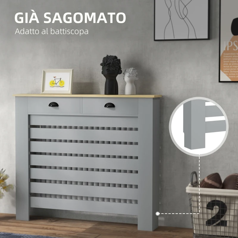 HOMCOM Copritermosifone in MDF a Doghe, Copricalorifero a Griglia con 2 Cassetti, 111x19x95.5 cm, Grigio