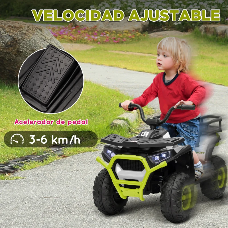 AIYAPLAY Quad Eléctrico para Niños de +3 Años con Batería 12V Faros Música MP3 Velocidad Regulable y Cesta Carga 30 kg Verde