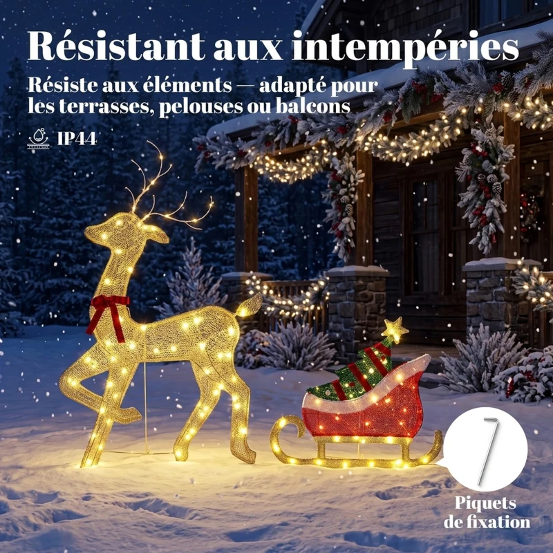 Outsunny Renne et traîneau lumineux, décoration de Noël extérieure, 95 LED blanc chaud, 8 modes, minuterie quotidienne