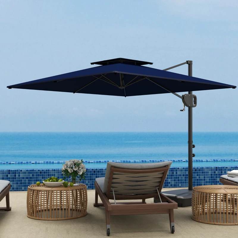 Outsunny Cantilever Parasol with Weighted Base Double Top Garden Parasol Square Hanging Patio Umbrella with Crank Tilt Dark Blue