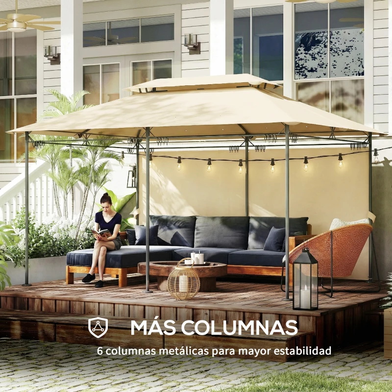 Outsunny Cenador de Jardín de 4x3 m con Doble Techo Paredes Laterales Resistente al Agua para Exterior Terraza Beige